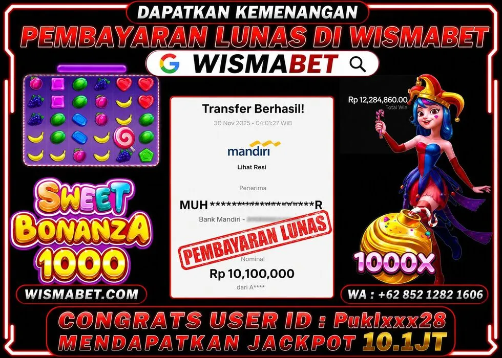 Wismabet - BUKTI KEMENANGAN JACKPOT Sweet Bonanza 1000 Rp10,200,000,- LUNAS